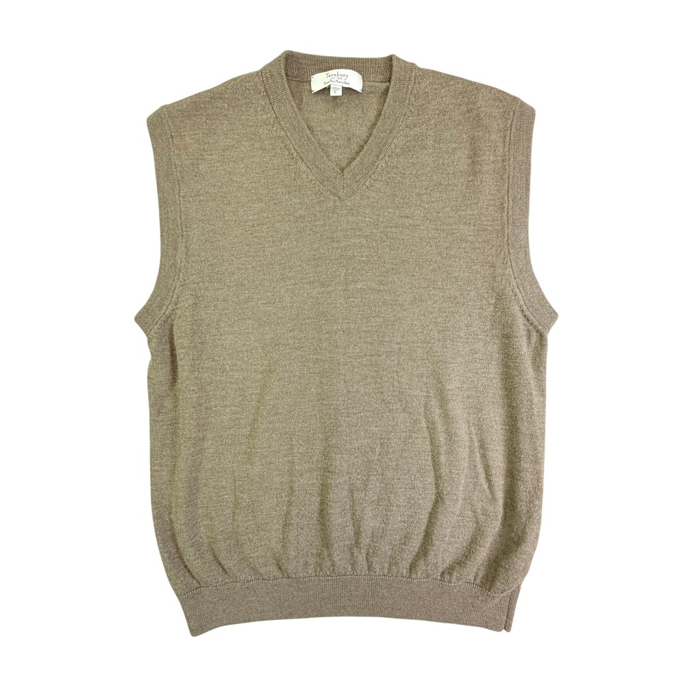 Turnbury‎ Sweater Vest Mens Large Tan Brown 100% Extra Fine Merino Wool V-Neck